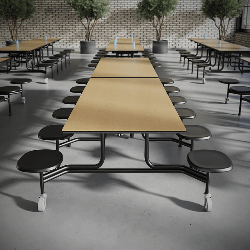 12-foot folding cafeteria table with attached round stool seats and rolling casters designed for easy movement and compact storage.